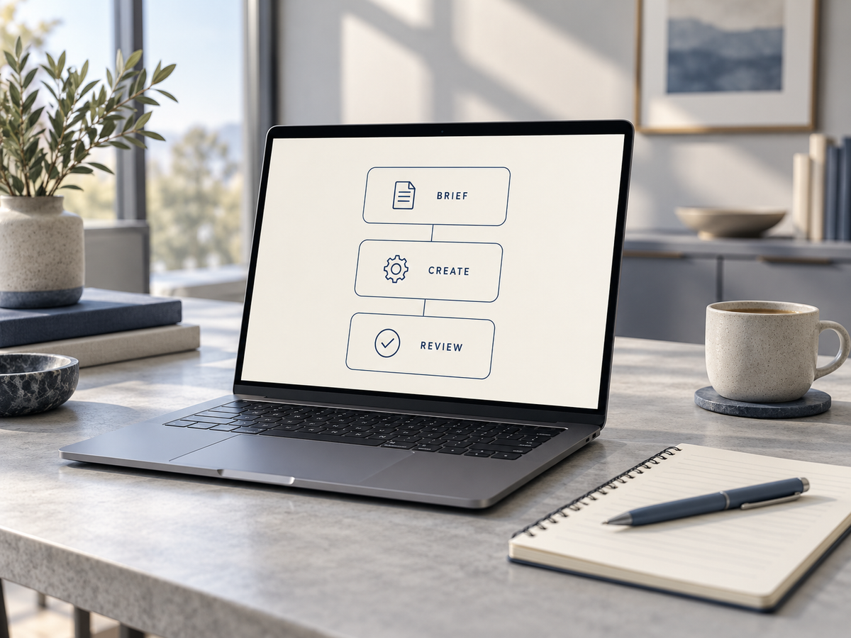 Laptop showing a brief, create and review workflow