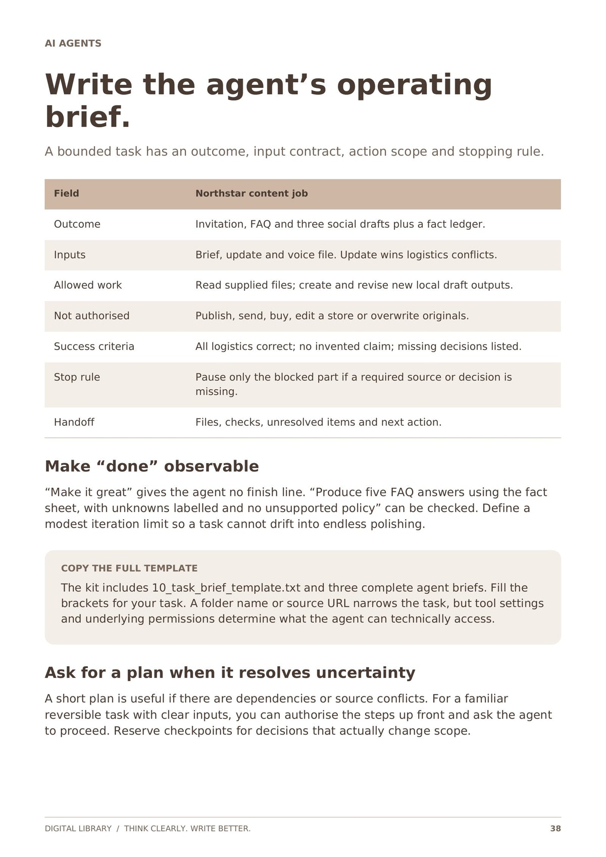 Write the agent’s operating brief
