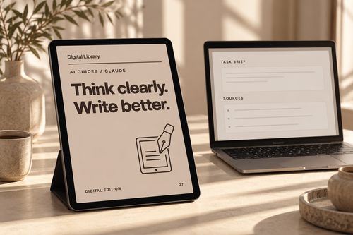 claude writing research — digital guide displayed on devices; illustrative mockup
